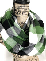 Apple Green, White and Black Plaid Medium Weight Flannel Scarf