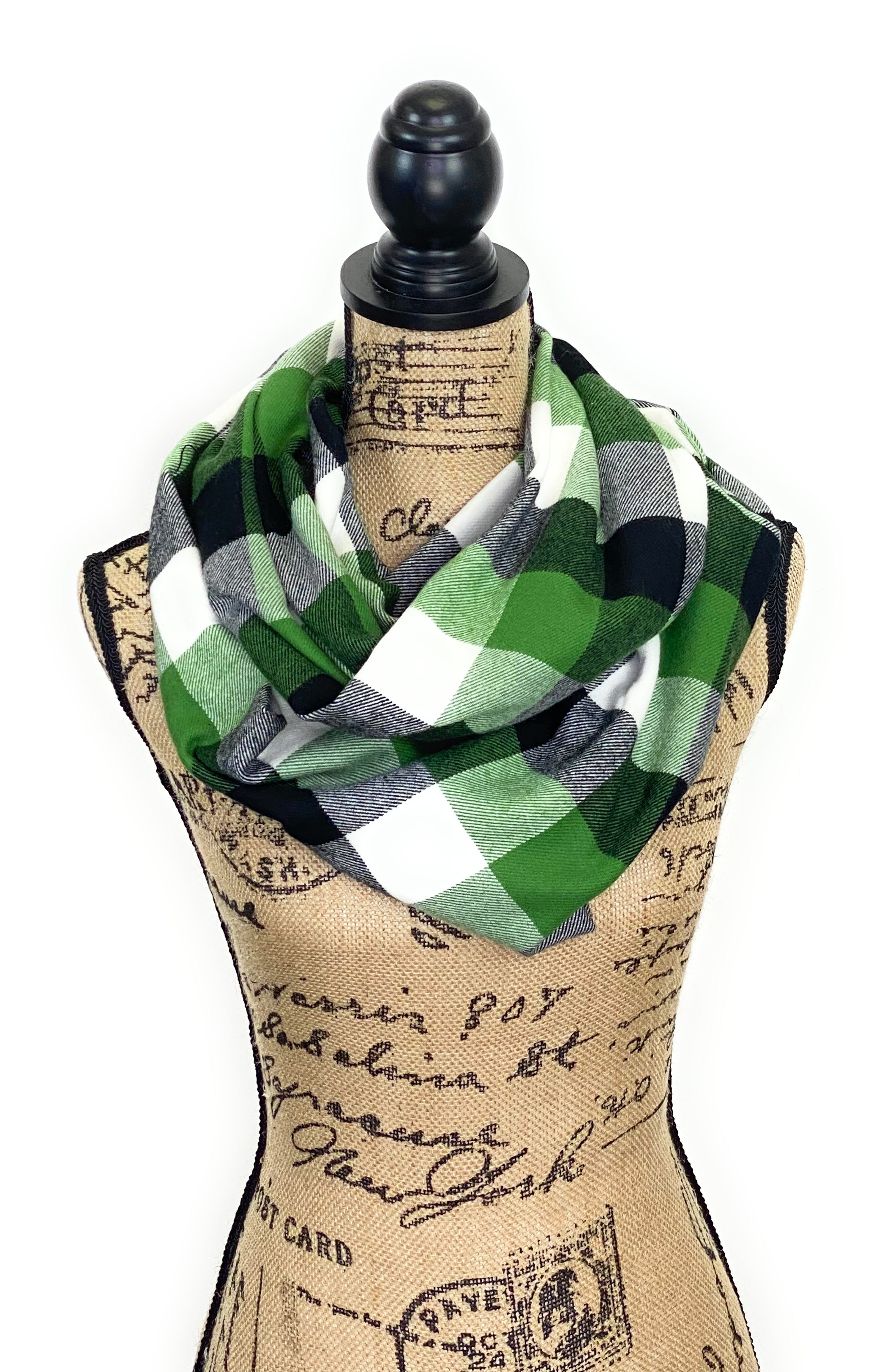 Apple Green, White and Black Plaid Medium Weight Flannel Scarf