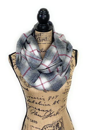 Heather Gray with Light Tan Ombre, White and Red Plaid Medium Weight Flannel Scarf