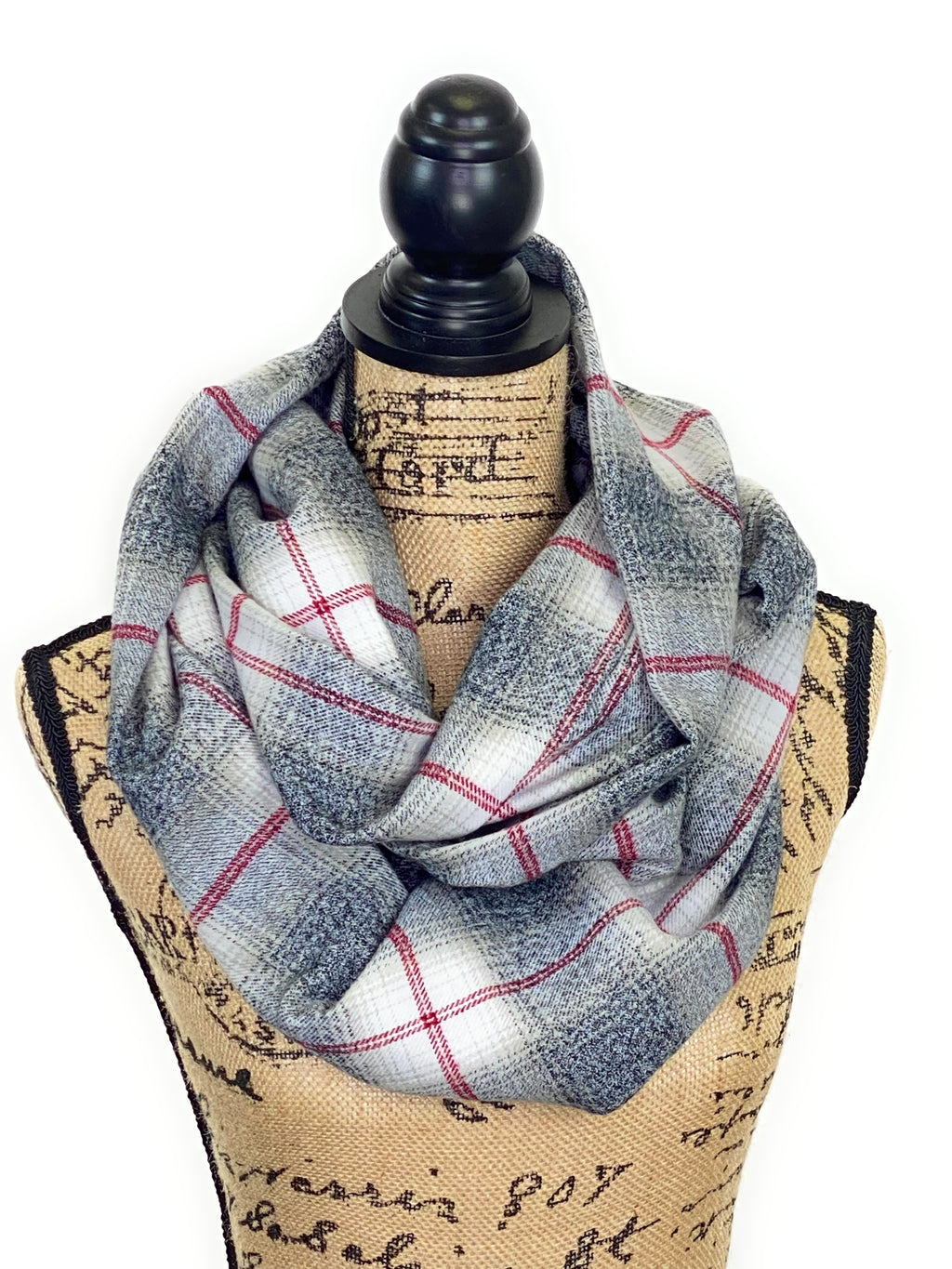 Heather Gray with Light Tan Ombre, White and Red Plaid Medium Weight Flannel Scarf