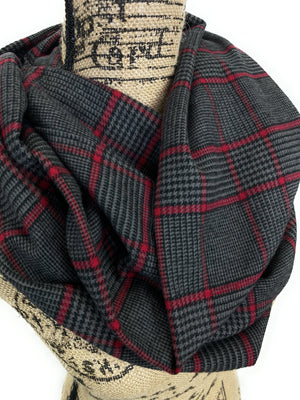 Dark Gray, Black, and Red Houndstooth Plaid Medium Weight Flannel Scarf
