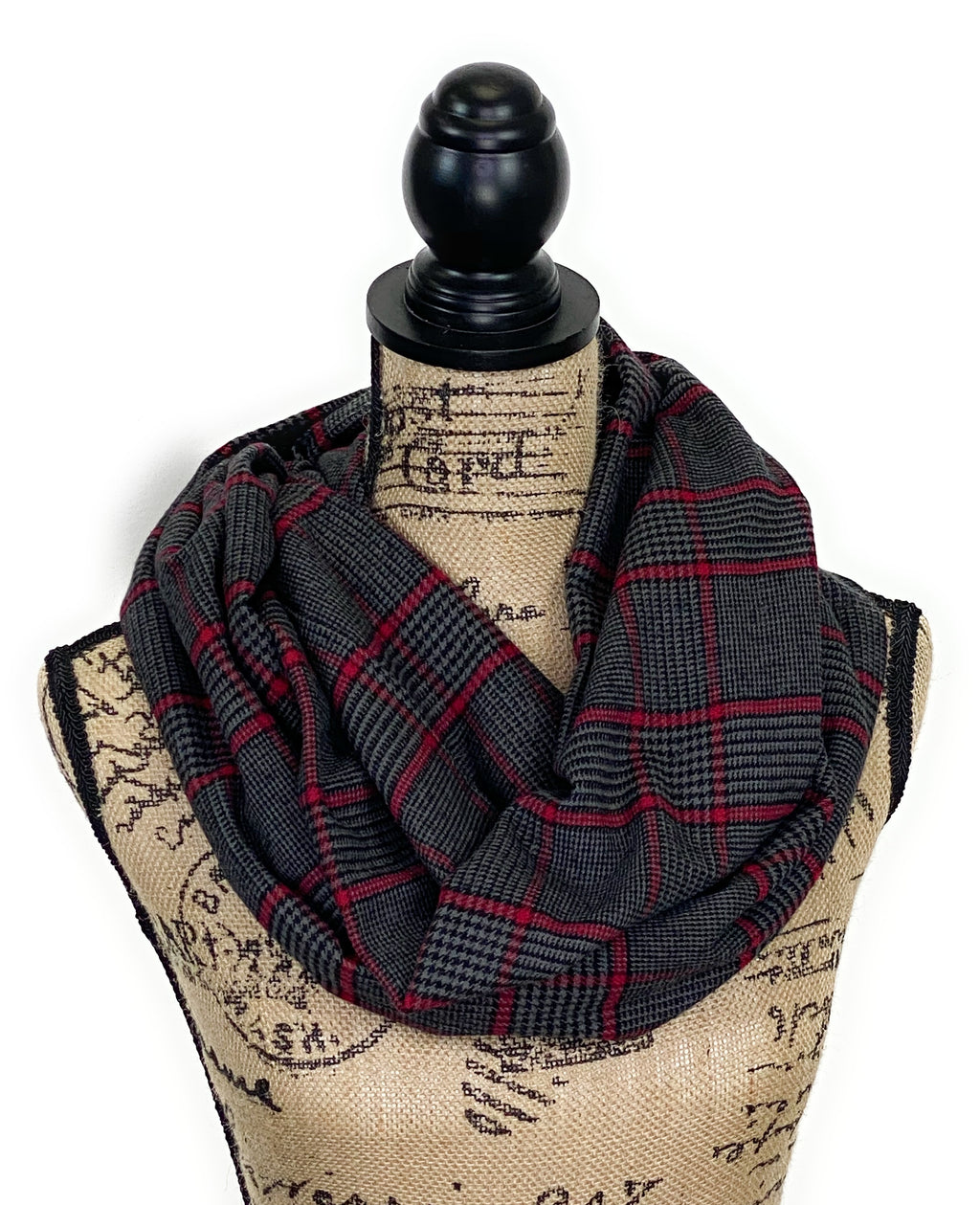 Dark Gray, Black, and Red Houndstooth Plaid Medium Weight Flannel Scarf