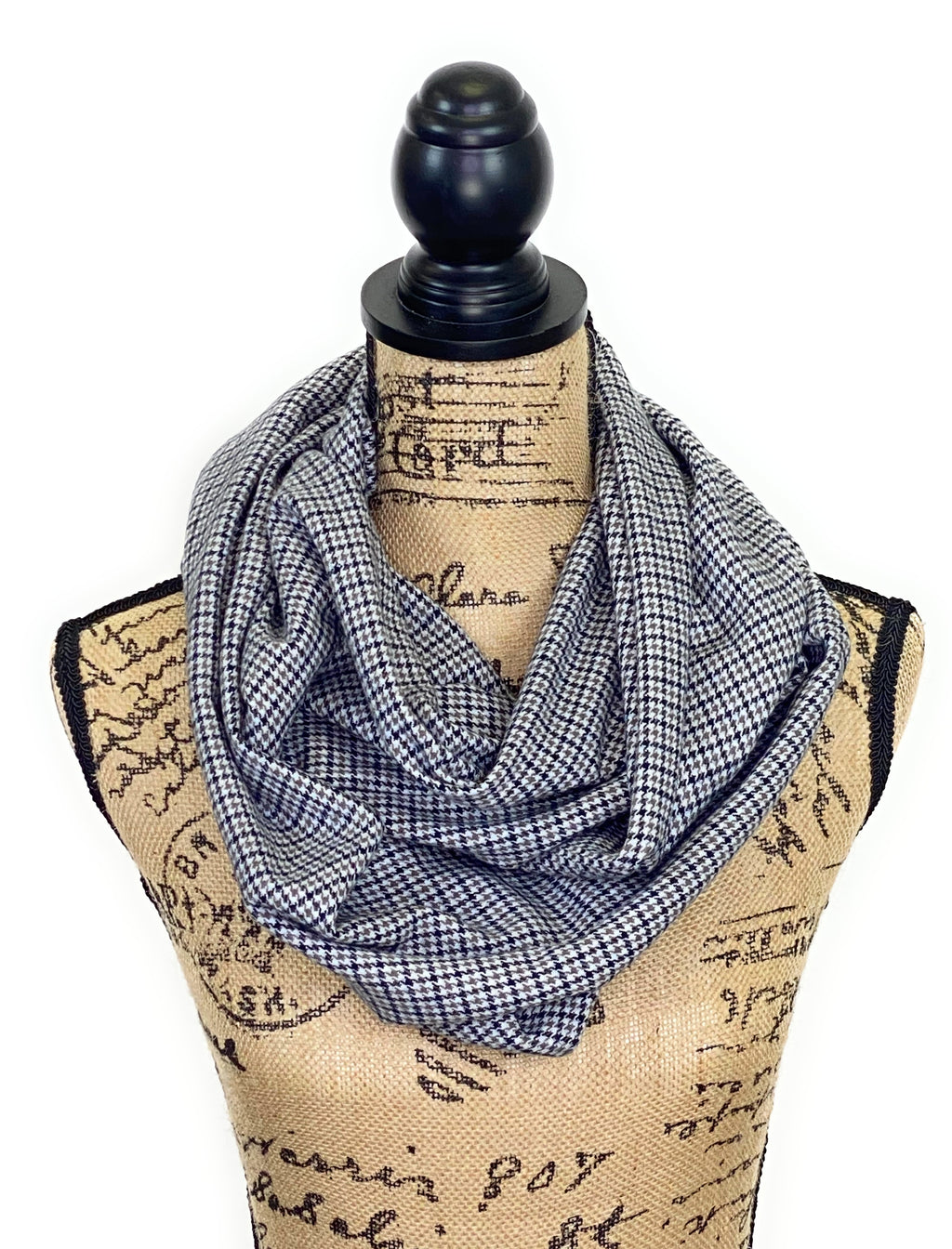Light Gray, Smokey Gray, and Black Houndstooth Plaid Medium Weight Flannel Scarf