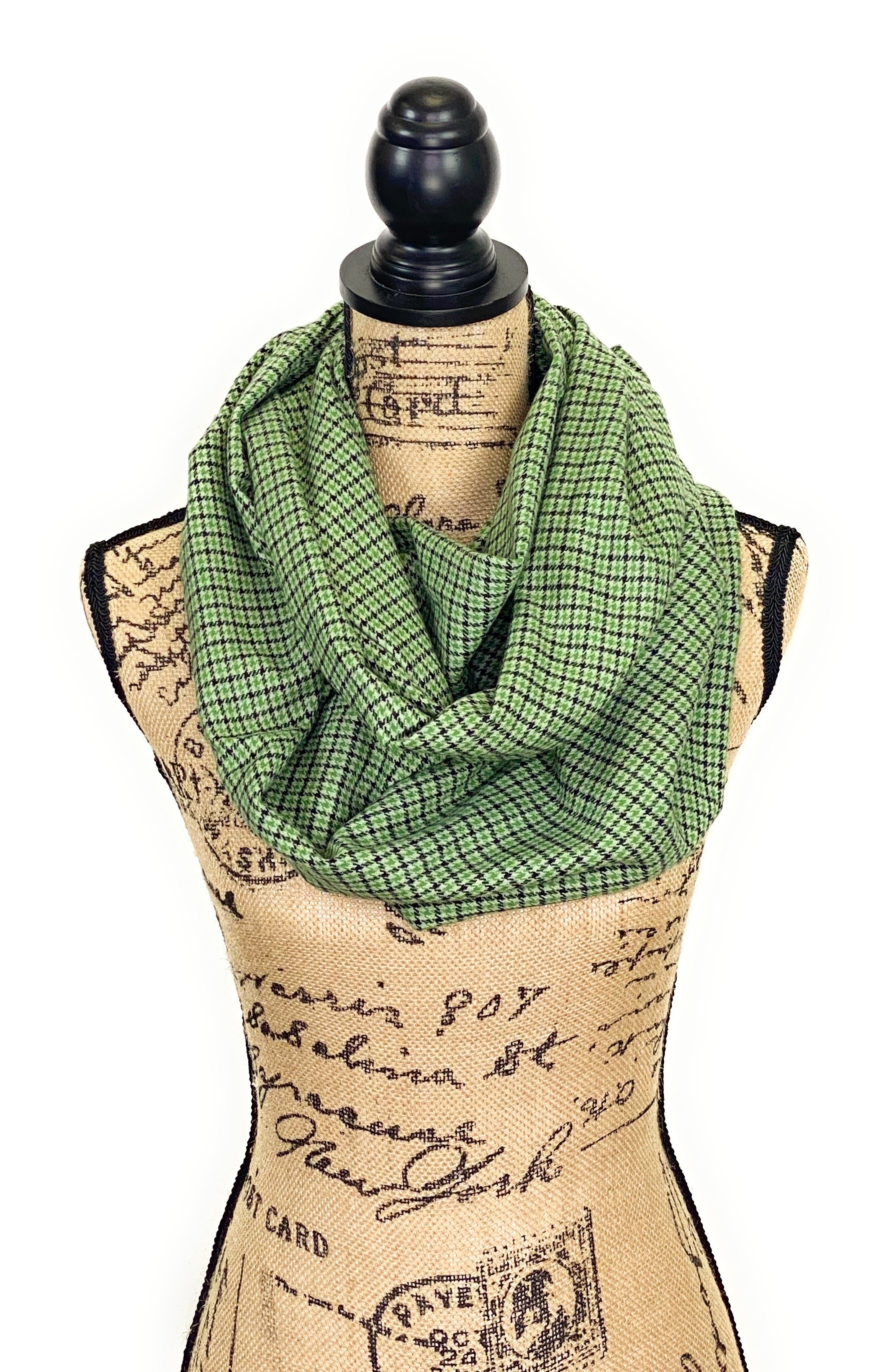 Light Green, Apple Green, and Black Houndstooth Plaid Medium Weight Flannel Scarf