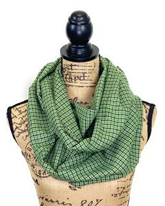 Light Green, Apple Green, and Black Houndstooth Plaid Medium Weight Flannel Scarf