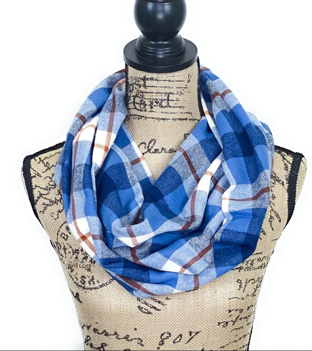 Cornflower Blues, Navy, White, and Burnt Orange Medium Weight Flannel Scarf