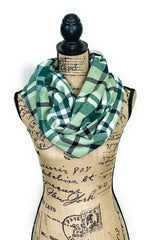 Light Eucalyptus Green, Dark Green, White, and Black Plaid Medium Weight Flannel Scarf