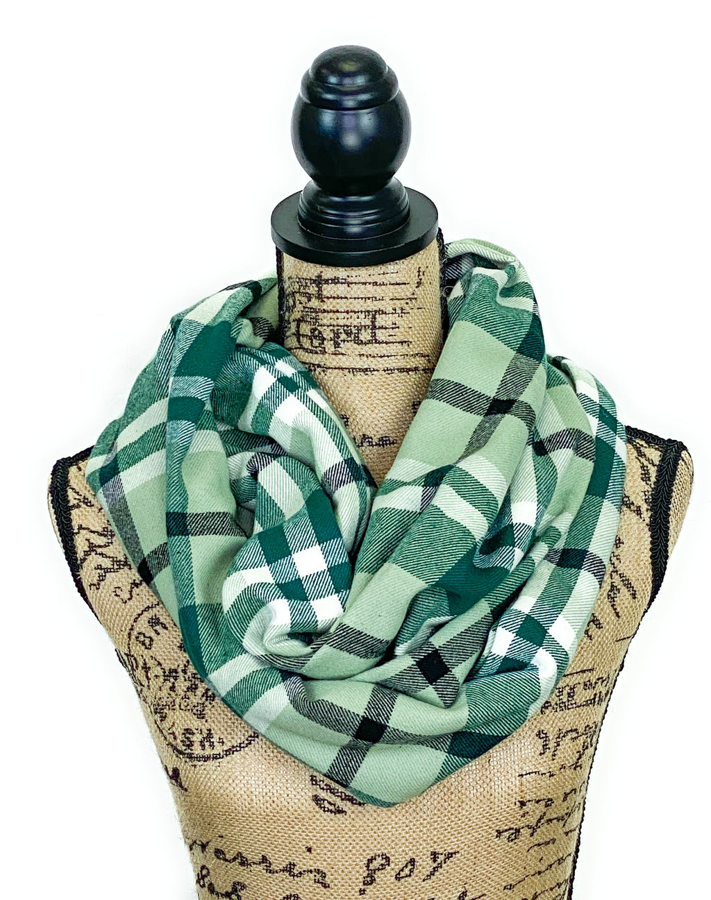 Light Eucalyptus Green, Dark Green, White, and Black Plaid Medium Weight Flannel Scarf