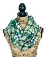 Light Eucalyptus Green, Dark Green, White, and Black Plaid Medium Weight Flannel Scarf