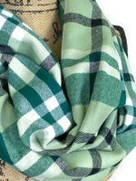 Light Eucalyptus Green, Dark Green, White, and Black Plaid Medium Weight Flannel Scarf