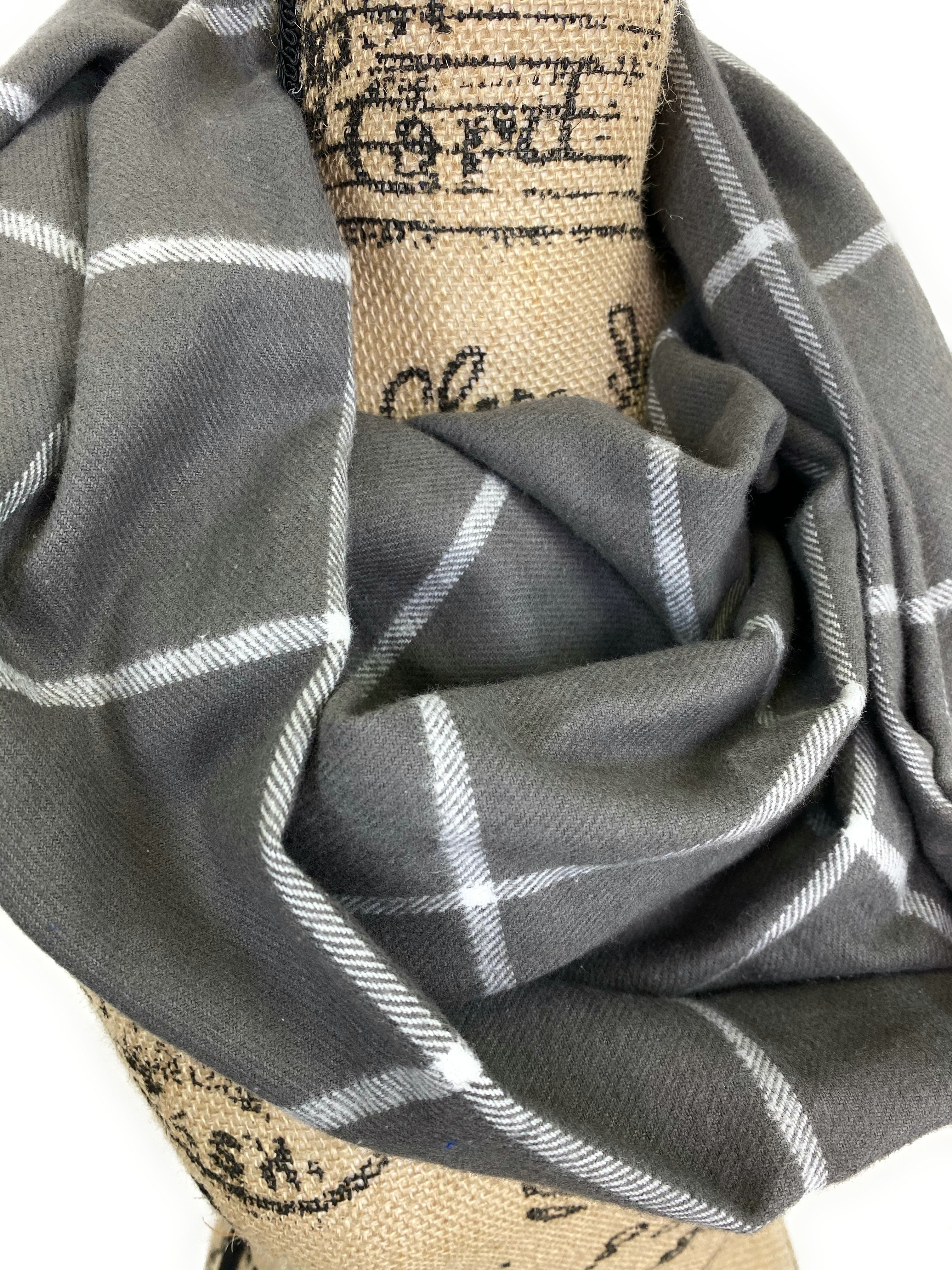 Smokey Gray and White Medium Weight Flannel Windowpane Plaid Scarf