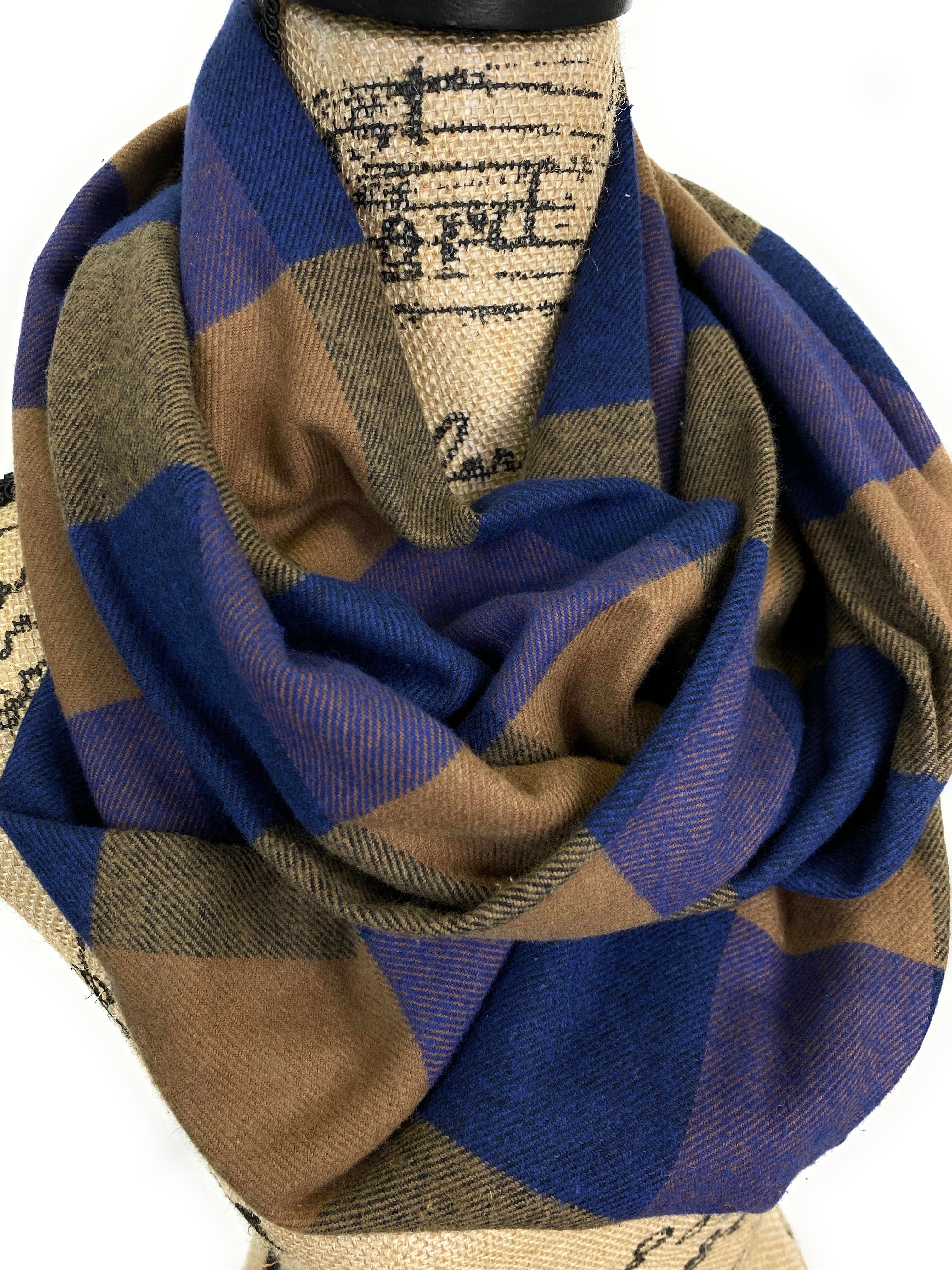 Warm Brown and Navy Blue Large Block Buffalo Plaid Medium Weight Flannel Scarf