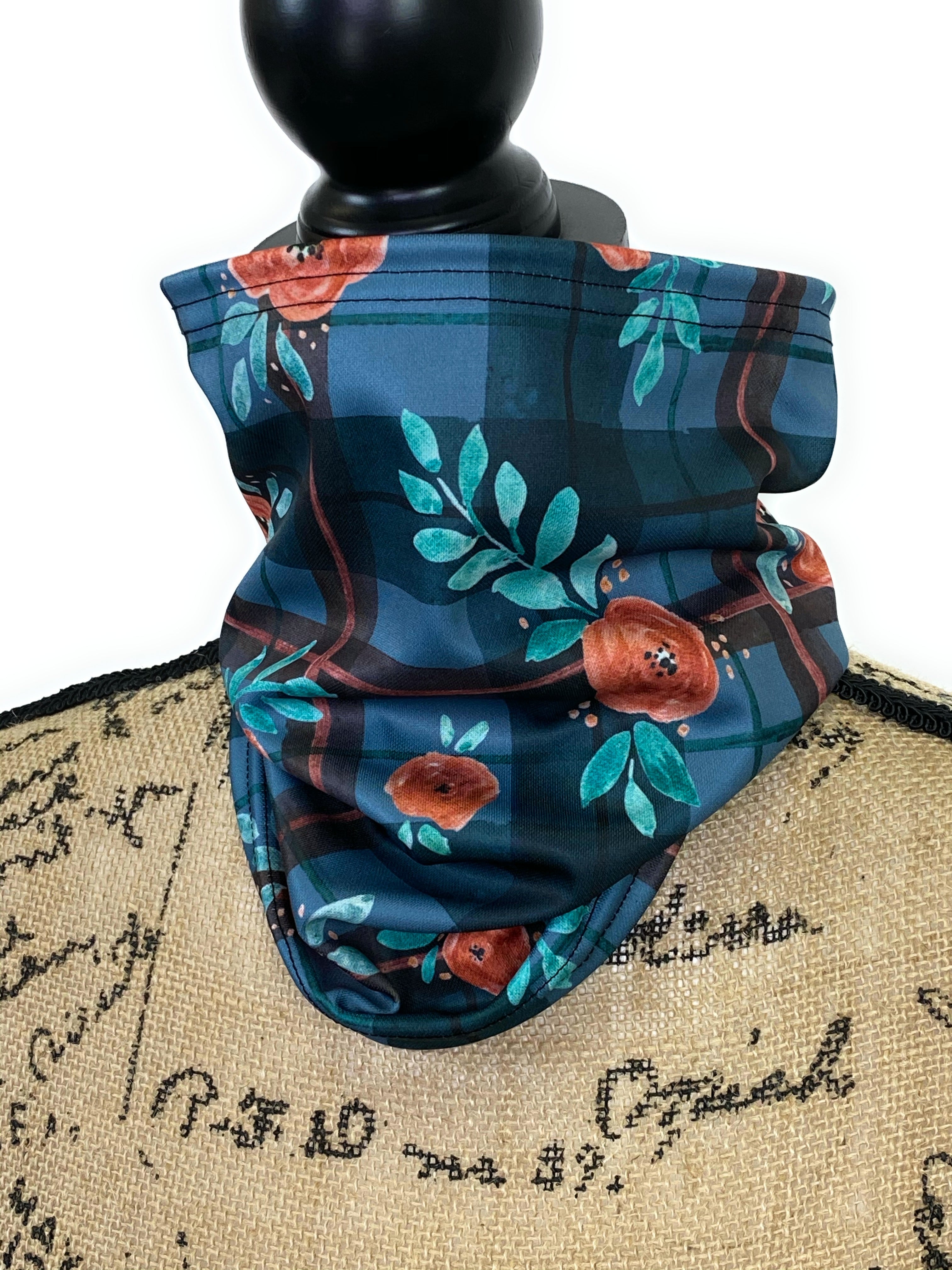 Watercolor Tartan with Painted Roses Neck Gaiter/Face Covering