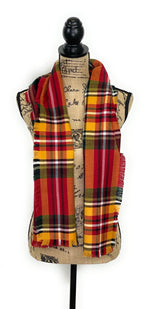 Fall Colors of Red, Orange, Yellow, White, and Black Plaid Acrylic Scarf