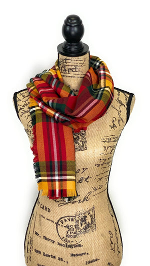 Fall Colors of Red, Orange, Yellow, White, and Black Plaid Acrylic Scarf