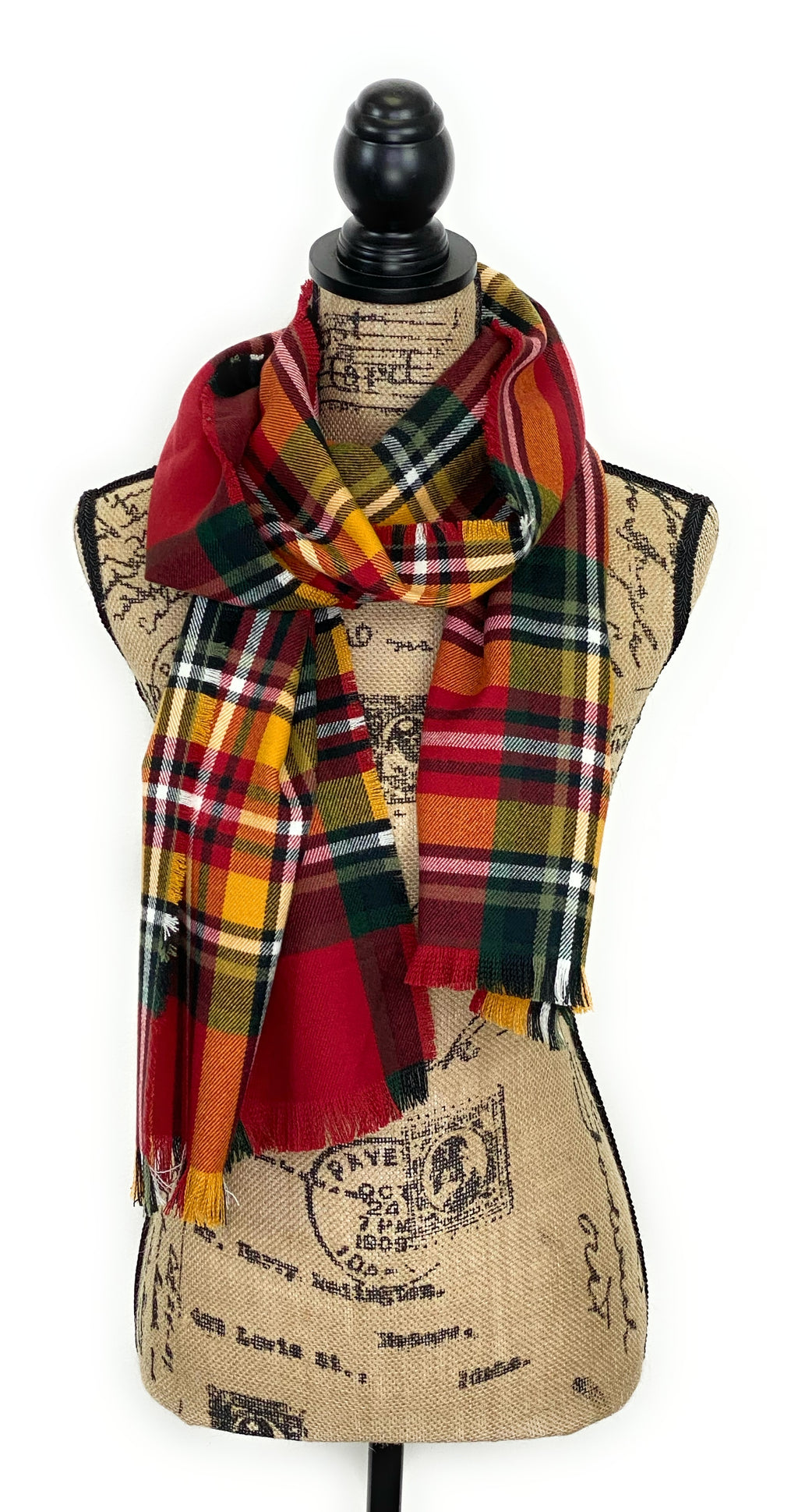 Fall Colors of Red, Orange, Yellow, White, and Black Plaid Acrylic Scarf