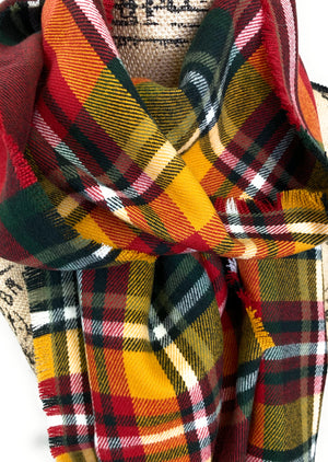 Fall Colors of Red, Orange, Yellow, White, and Black Plaid Acrylic Scarf