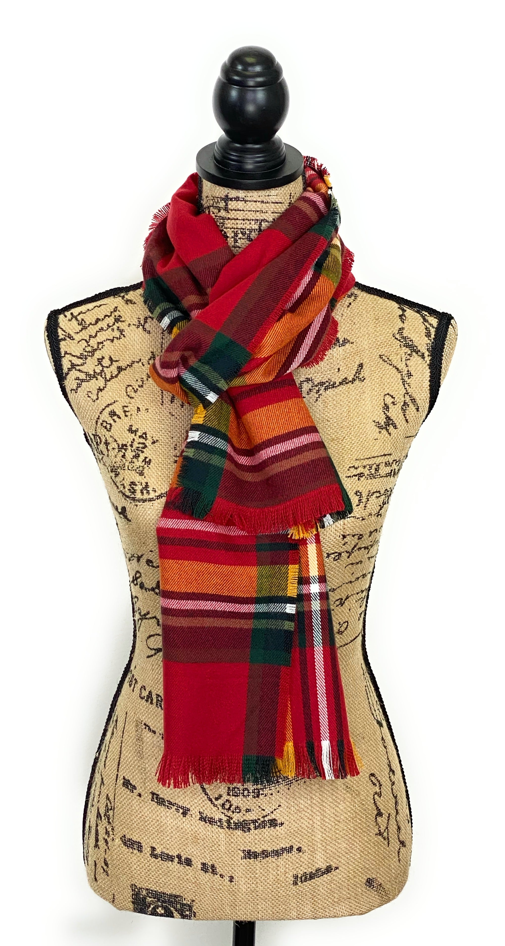 Fall Colors of Red, Orange, Yellow, White, and Black Plaid Acrylic Scarf