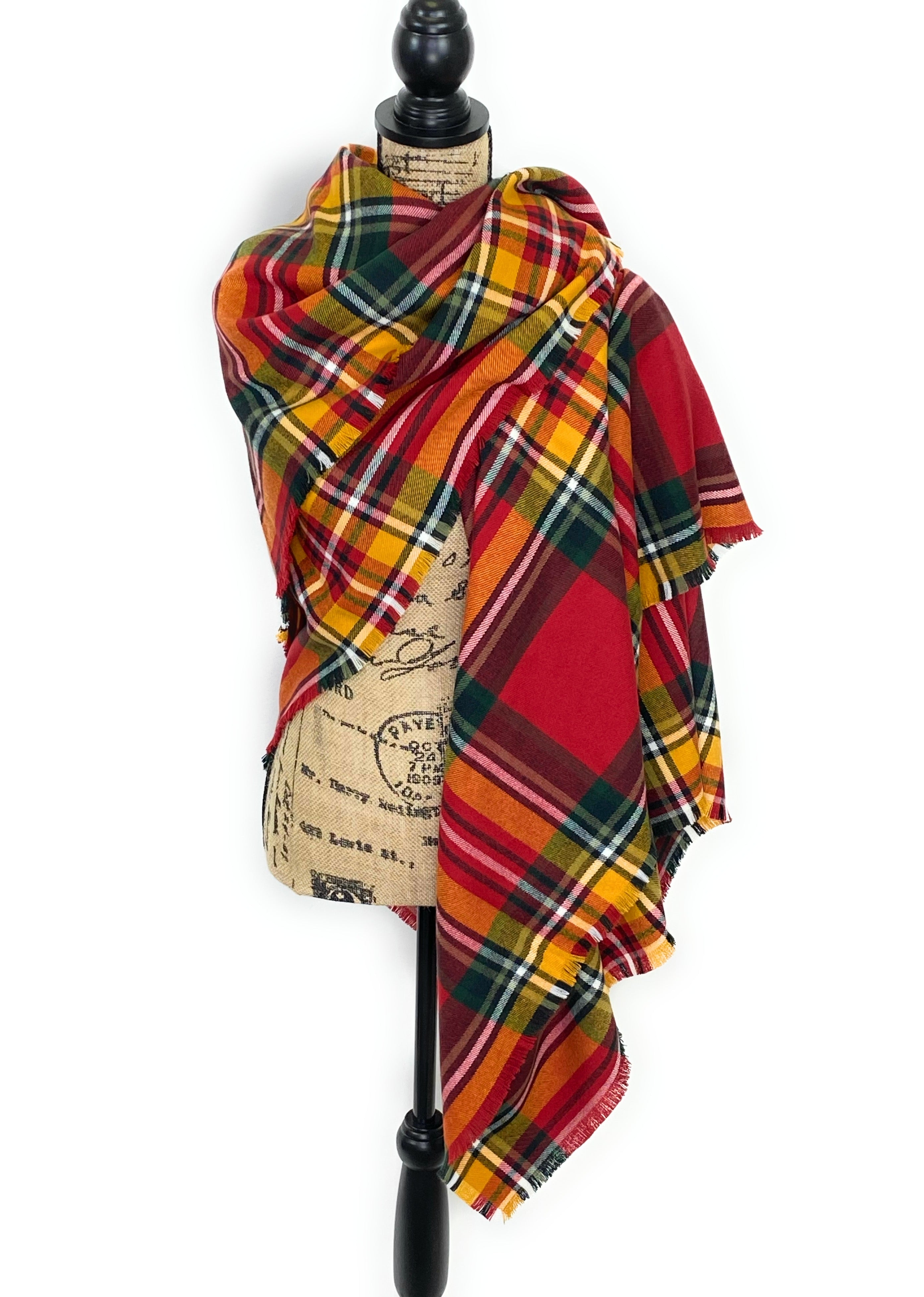 Fall Colors of Red, Orange, Yellow, White, and Black Plaid Acrylic Scarf