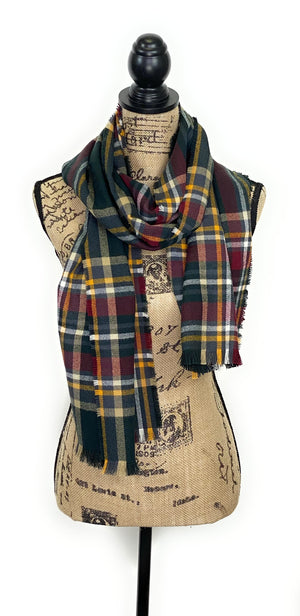 Fall Colors of Deep Gray, Burgundy, Yellow, White, and Black Plaid Acrylic Scarf