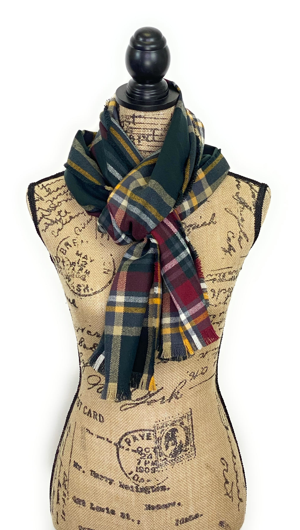 Fall Colors of Deep Gray, Burgundy, Yellow, White, and Black Plaid Acrylic Scarf