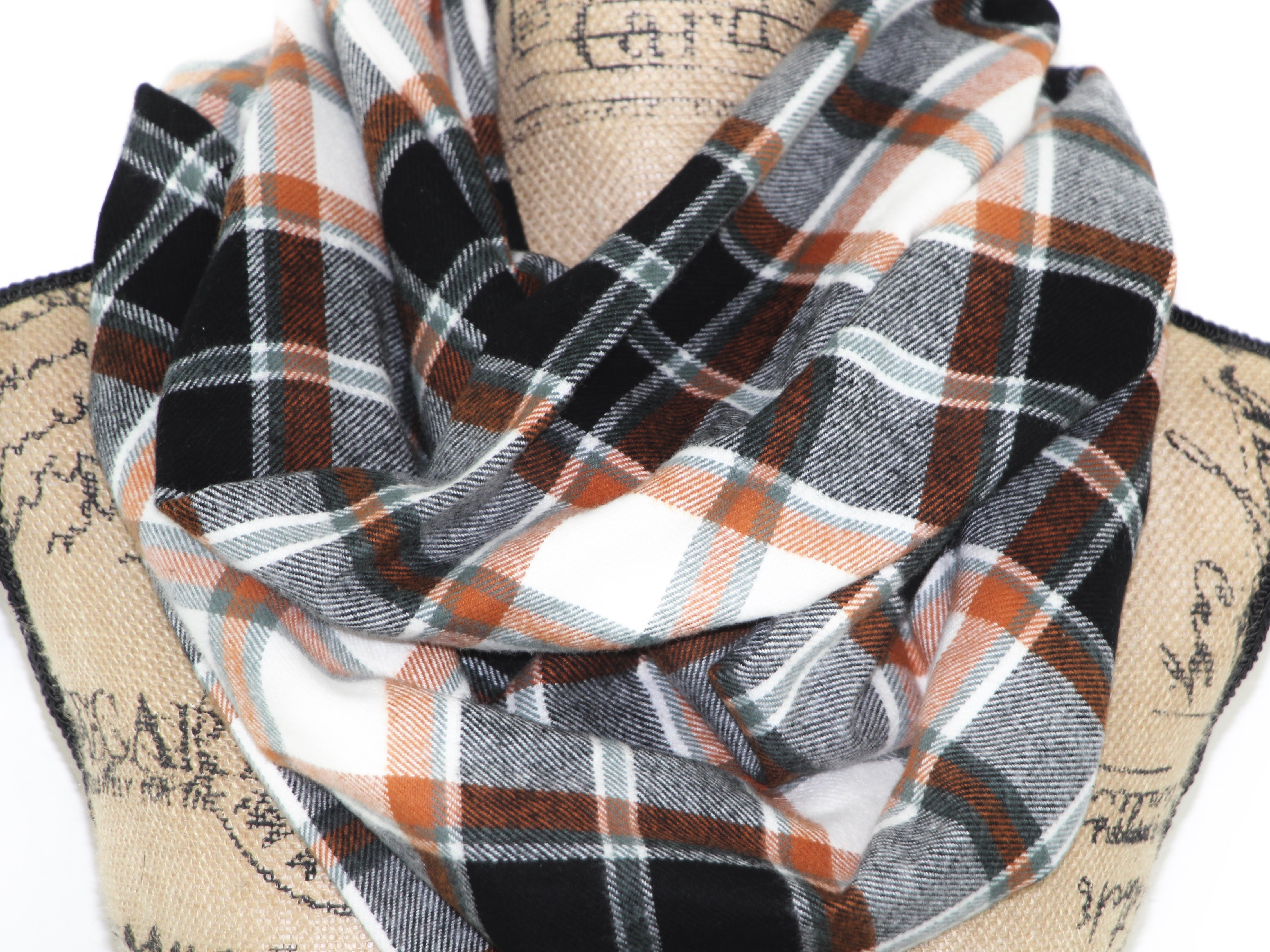 Black, White, Teal-Gray, and Orange Medium Weight Flannel Plaid Infinity or Blanket Scarf