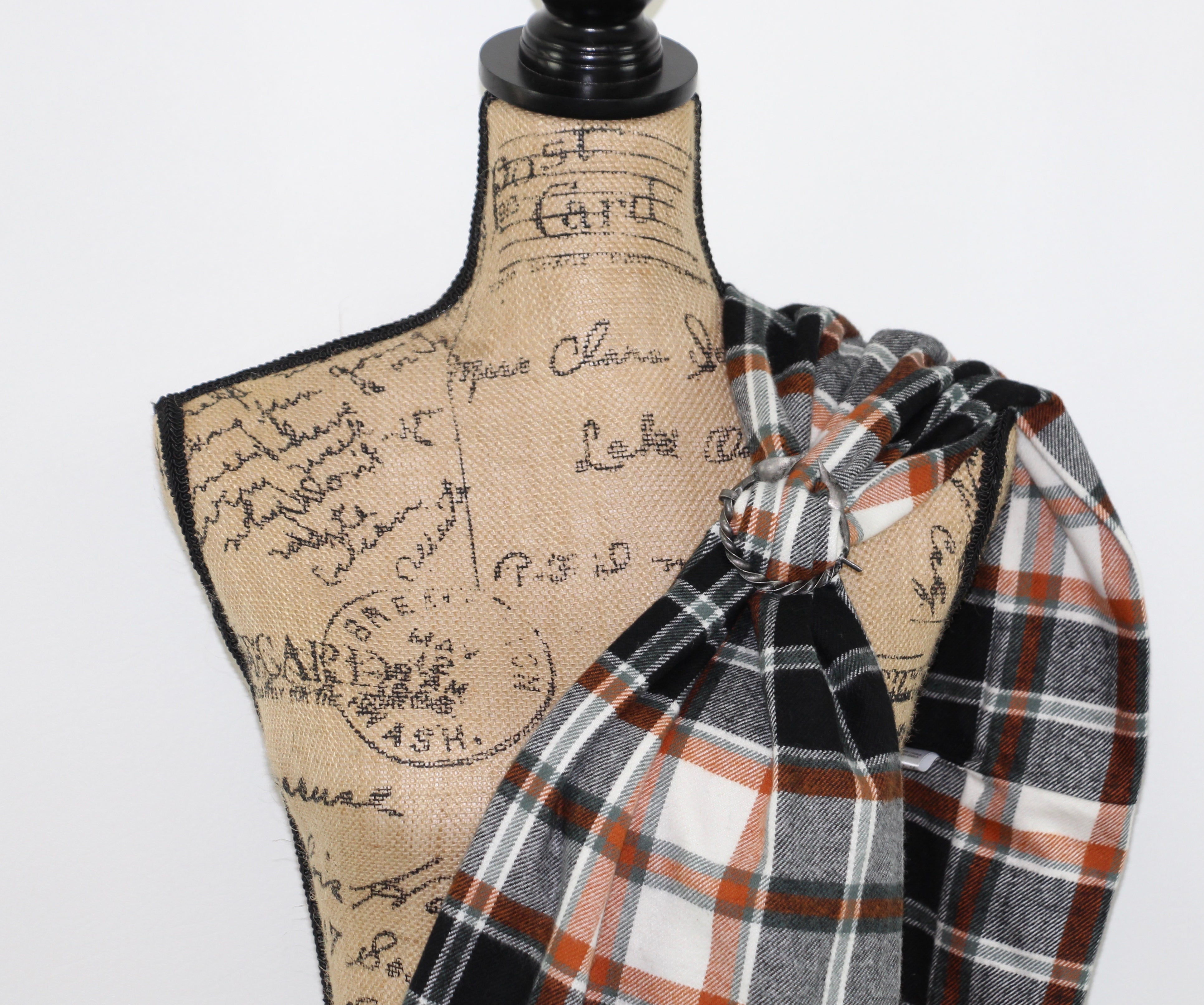 Black, White, Teal-Gray, and Orange Medium Weight Flannel Plaid Infinity or Blank Scarf