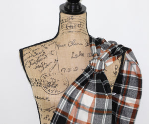 Black, White, Teal-Gray, and Orange Medium Weight Flannel Plaid Infinity or Blank Scarf