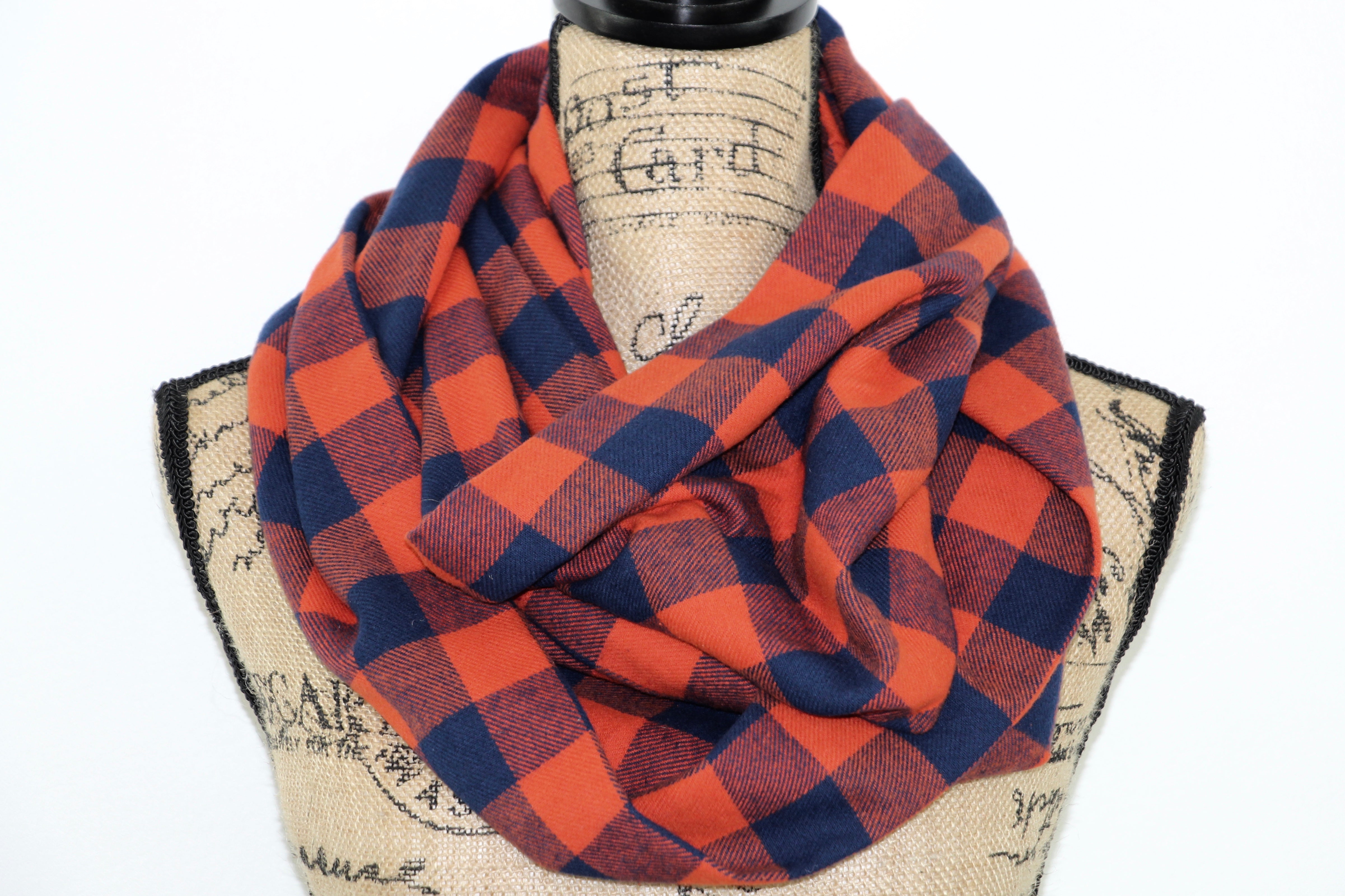 Classic Buffalo Plaid Gingham in Orange and Navy Blue Flannel Plaid Infinity Scarf or Blanket Scarf Tartan Wrap