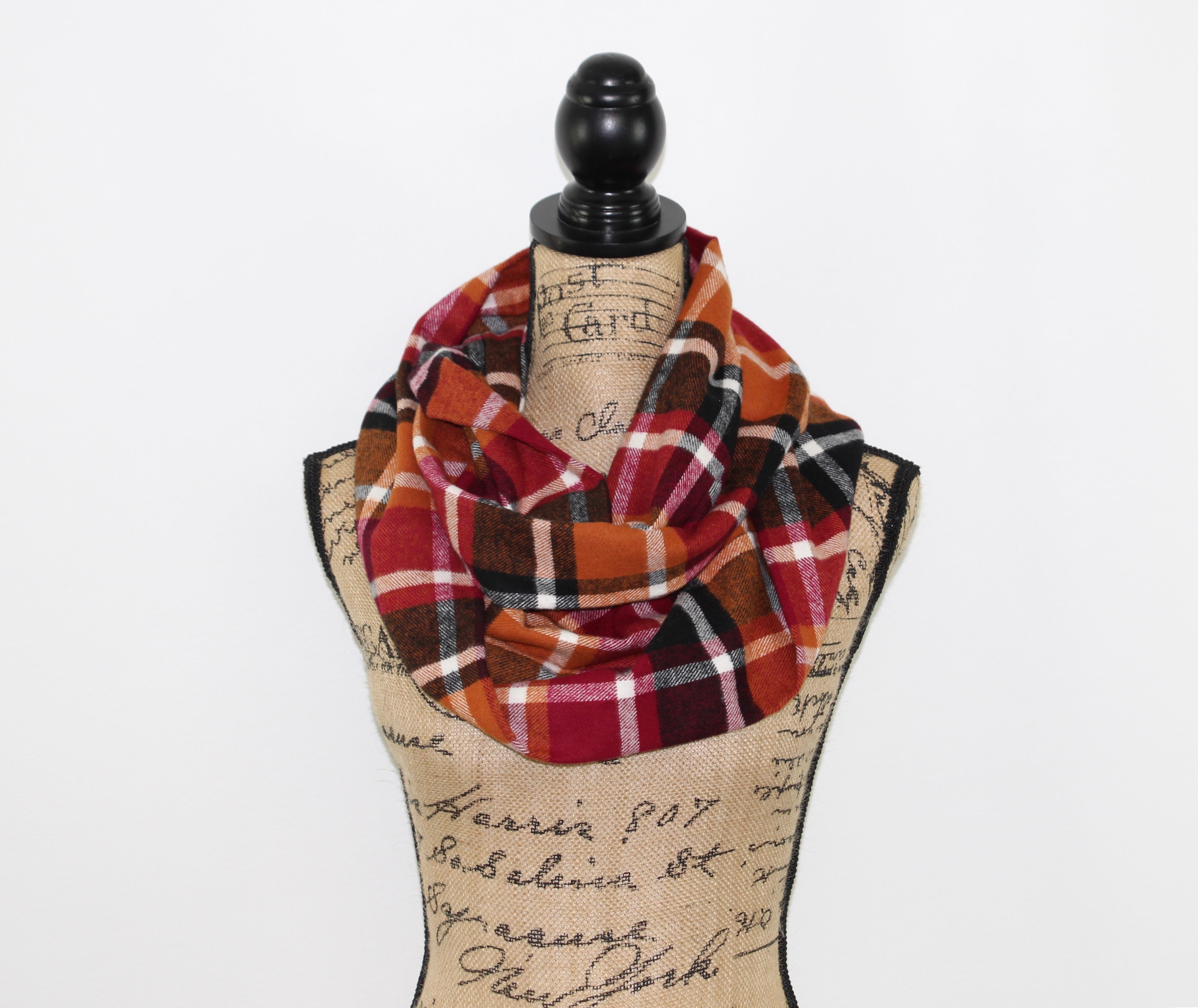 Wine Red, Pumpkin Orange, Black and White Flannel Plaid Infinity or Blanket Scarf Autumn Wrap