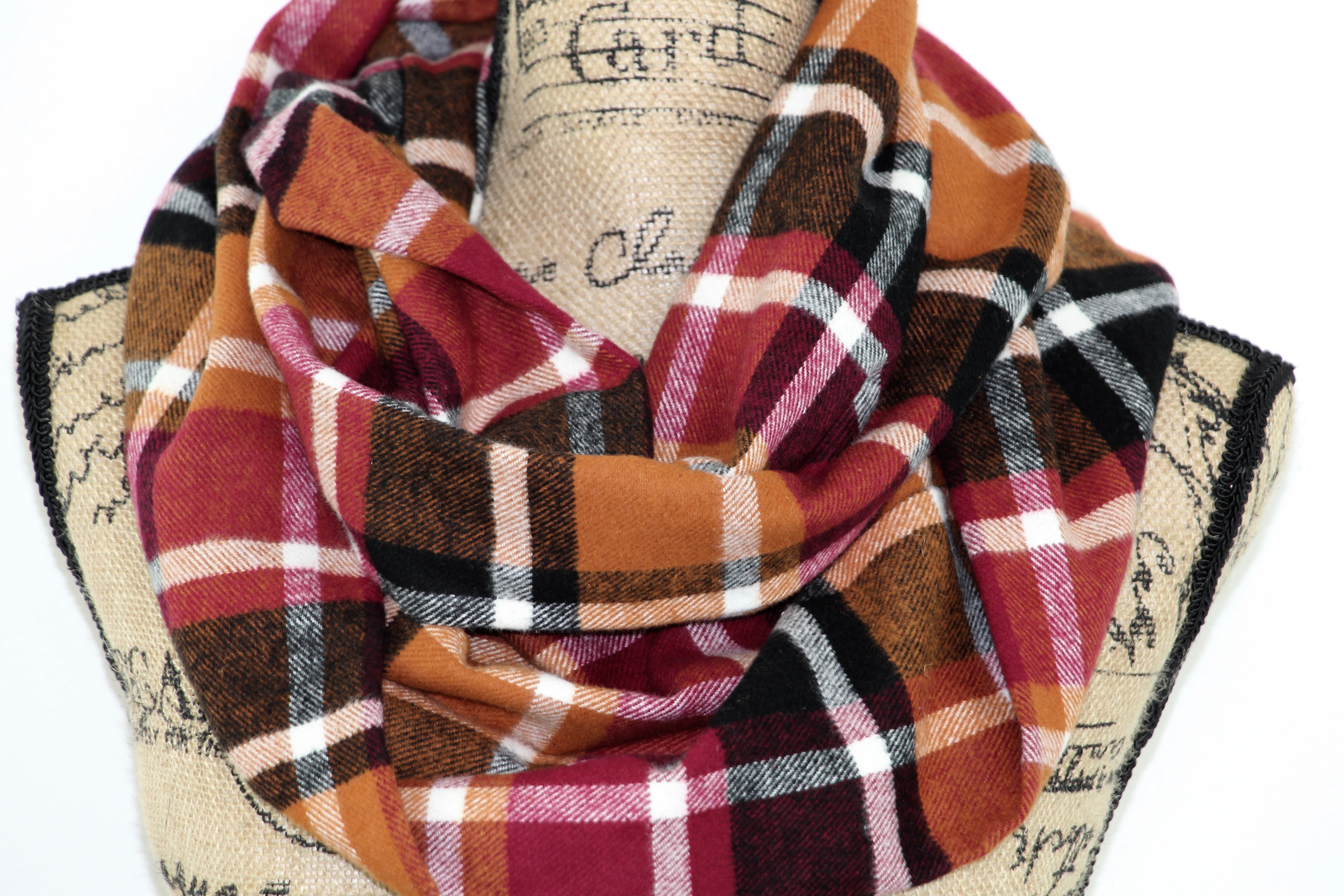 Wine Red, Pumpkin Orange, Black and White Flannel Plaid Infinity or Blanket Scarf Autumn Wrap