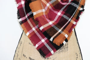 Wine Red, Pumpkin Orange, Black and White Flannel Plaid Infinity or Blanket Scarf Autumn Wrap