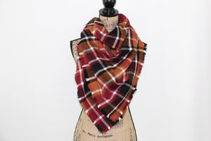 Wine Red, Pumpkin Orange, Black and White Flannel Plaid Infinity or Blanket Scarf Autumn Wrap