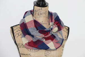 Wine Red, Navy Blue, and Taupe Flannel Plaid Infinity or Blanket Scarf Large Block