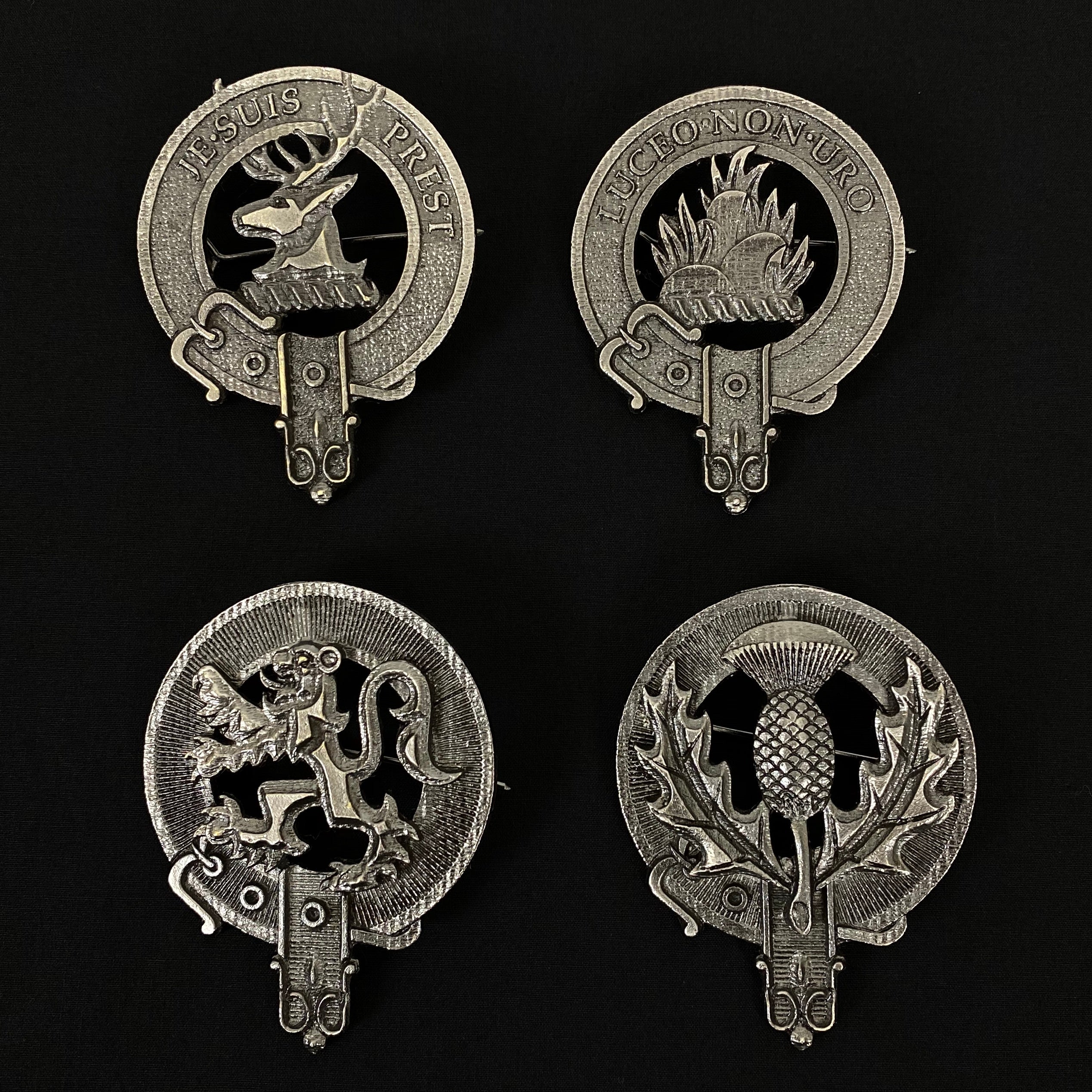 Outlander Clan Badge Collection - Fraser of Lovat, MacKenzie, Rampant Lion, and Scottish Thistle
