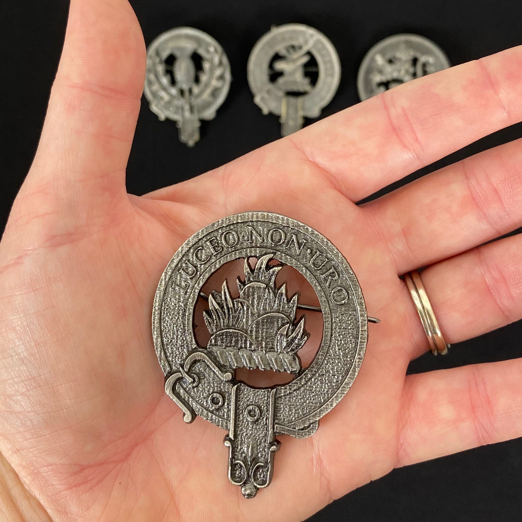 Outlander Clan Badge Collection - Fraser of Lovat, MacKenzie, Rampant Lion, and Scottish Thistle