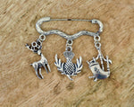 Scottish Pin with Stag, Scottish Thistle, and Bagpipes Charms
