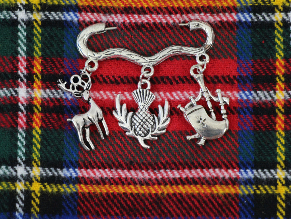 Scottish Pin with Stag, Scottish Thistle, and Bagpipes Charms