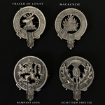 Outlander Clan Badge Collection - Fraser of Lovat, MacKenzie, Rampant Lion, and Scottish Thistle