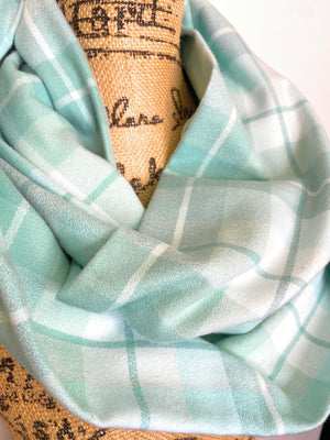 100% Organic Cotton Light Aqua and Minty Green Plaid Infinity and Blanket Scarves