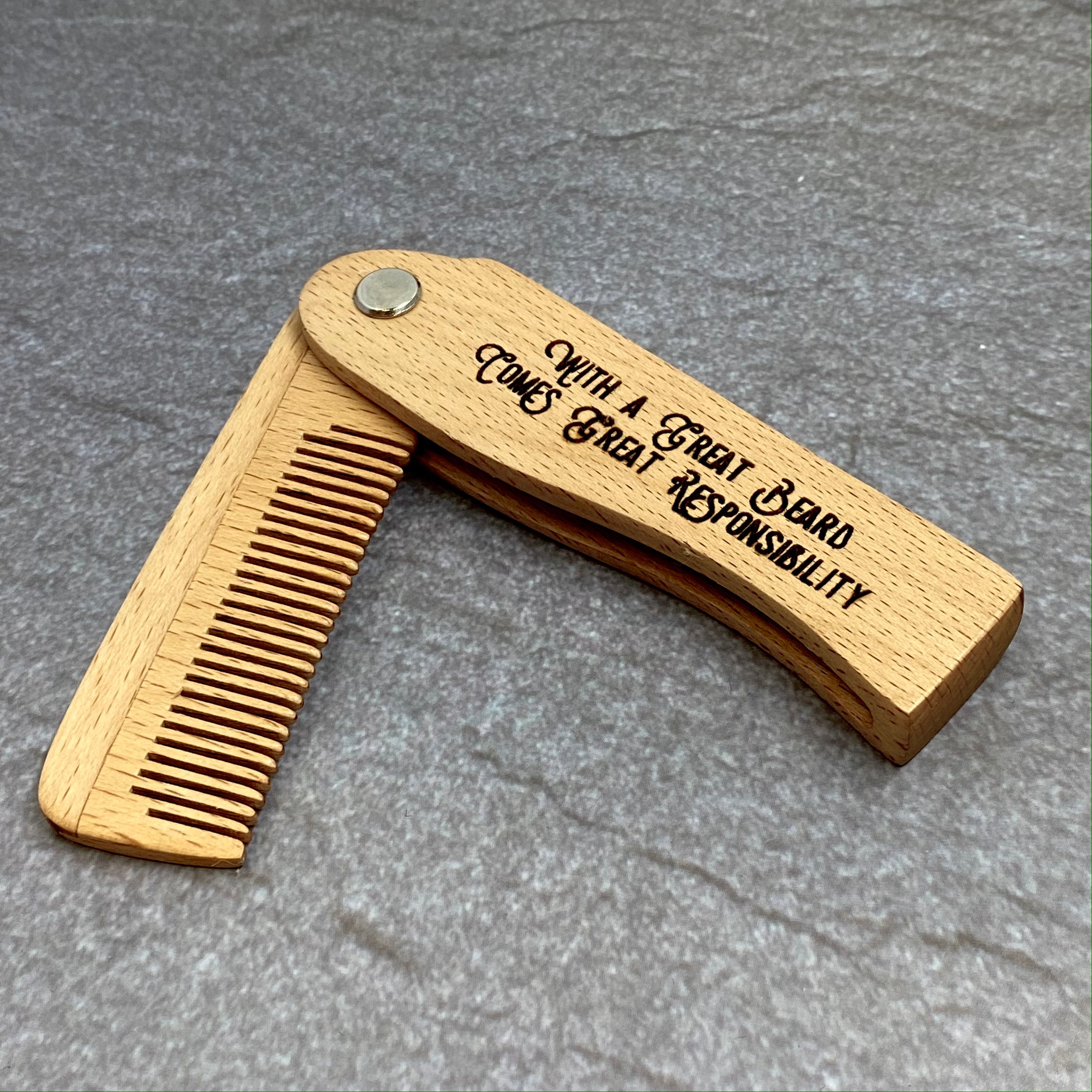 Laser Engraved Wooden Switchblade Beard Combs