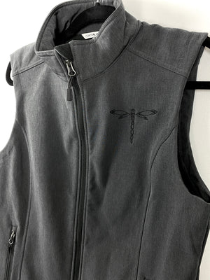 Women's Dragonfly Embroidered Heather Dark Gray Soft Shell Vest