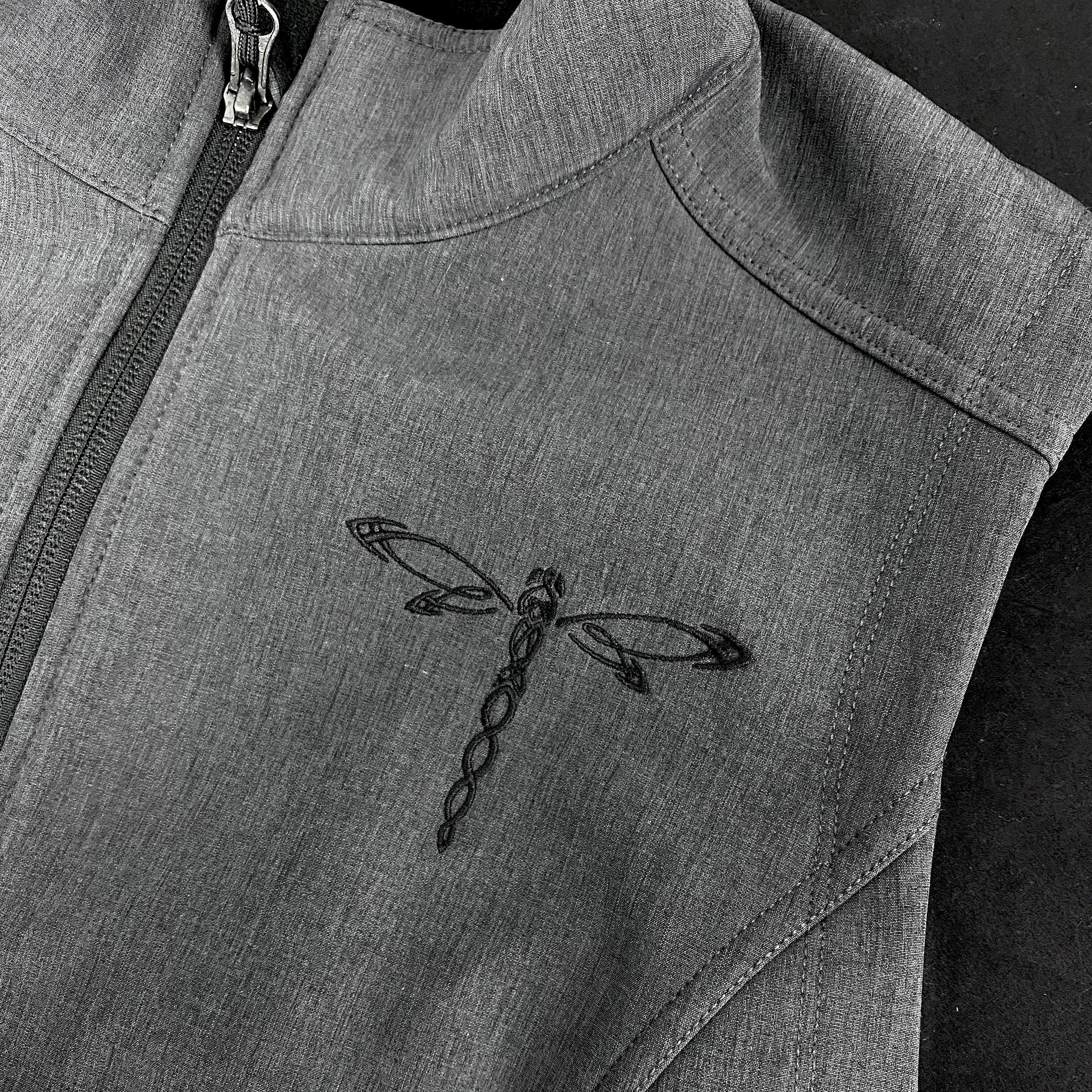 Women's Dragonfly Embroidered Heather Dark Gray Soft Shell Vest