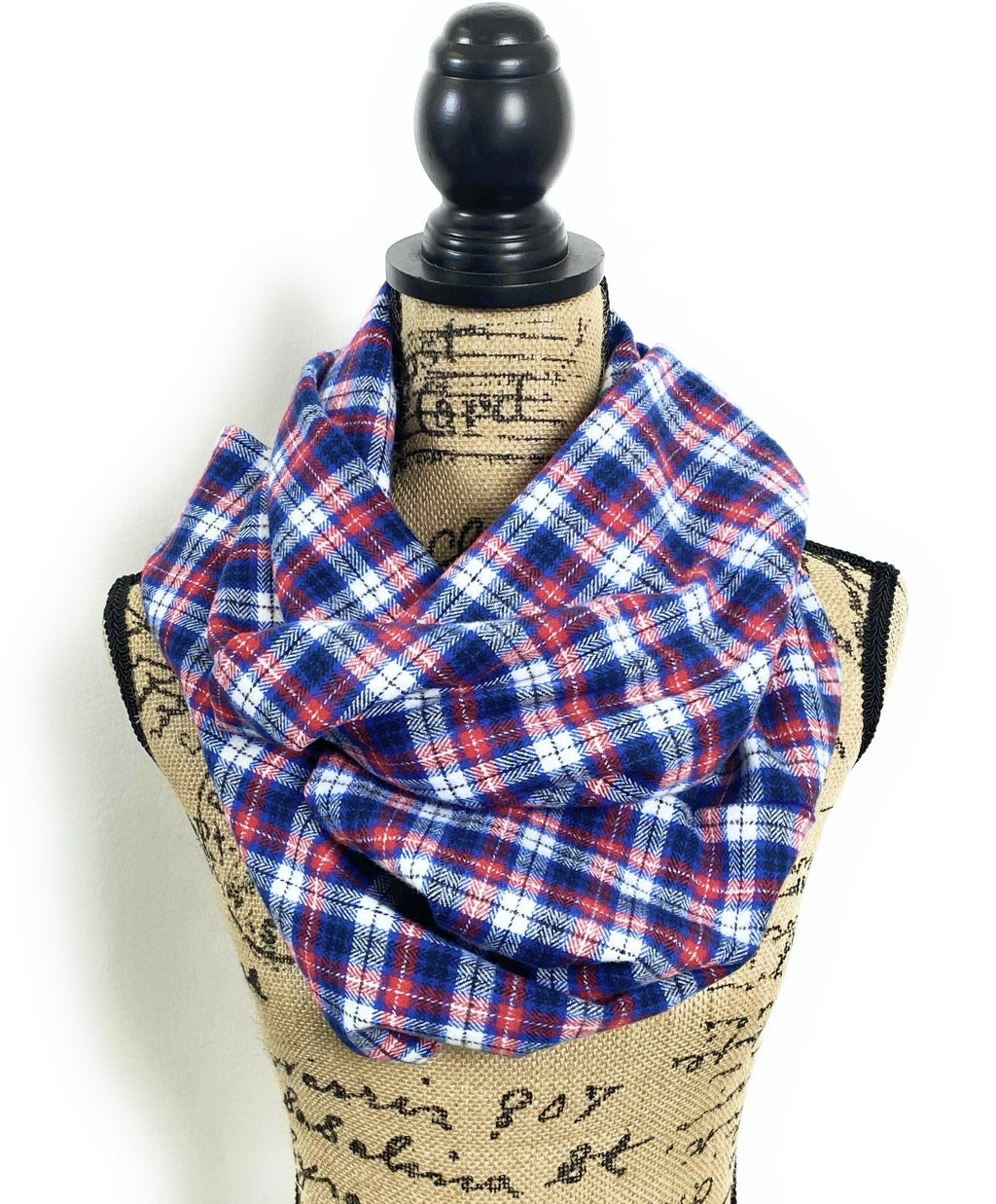 Red, White, Blue, and Black Medium-weight Flannel Plaid Infinity Scarf