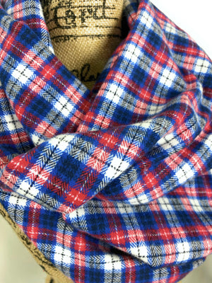 Red, White, Blue, and Black Medium-weight Flannel Plaid Infinity Scarf