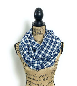 Navy Blue, Gray, and White Lightweight Flannel Plaid Infinity Scarf