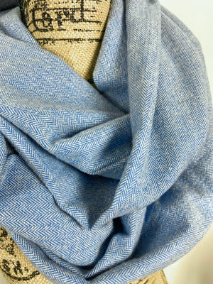 Light Blue and Ivory Herringbone Medium-Weight Flannel Plaid Infinity Scarf