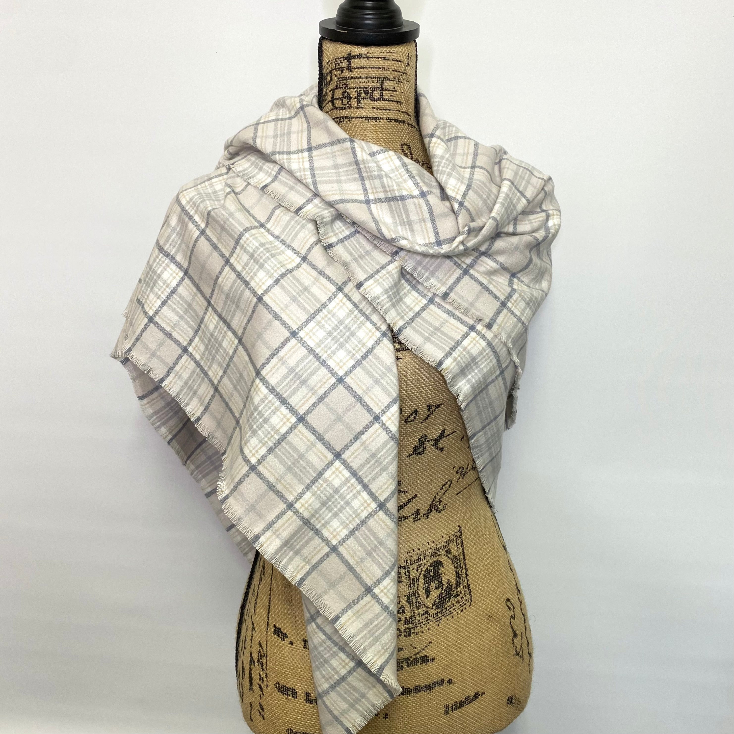 100% Organic Cotton Neutral Shades of Cream, Taupe, and Gray Plaid Infinity and Blanket Scarves