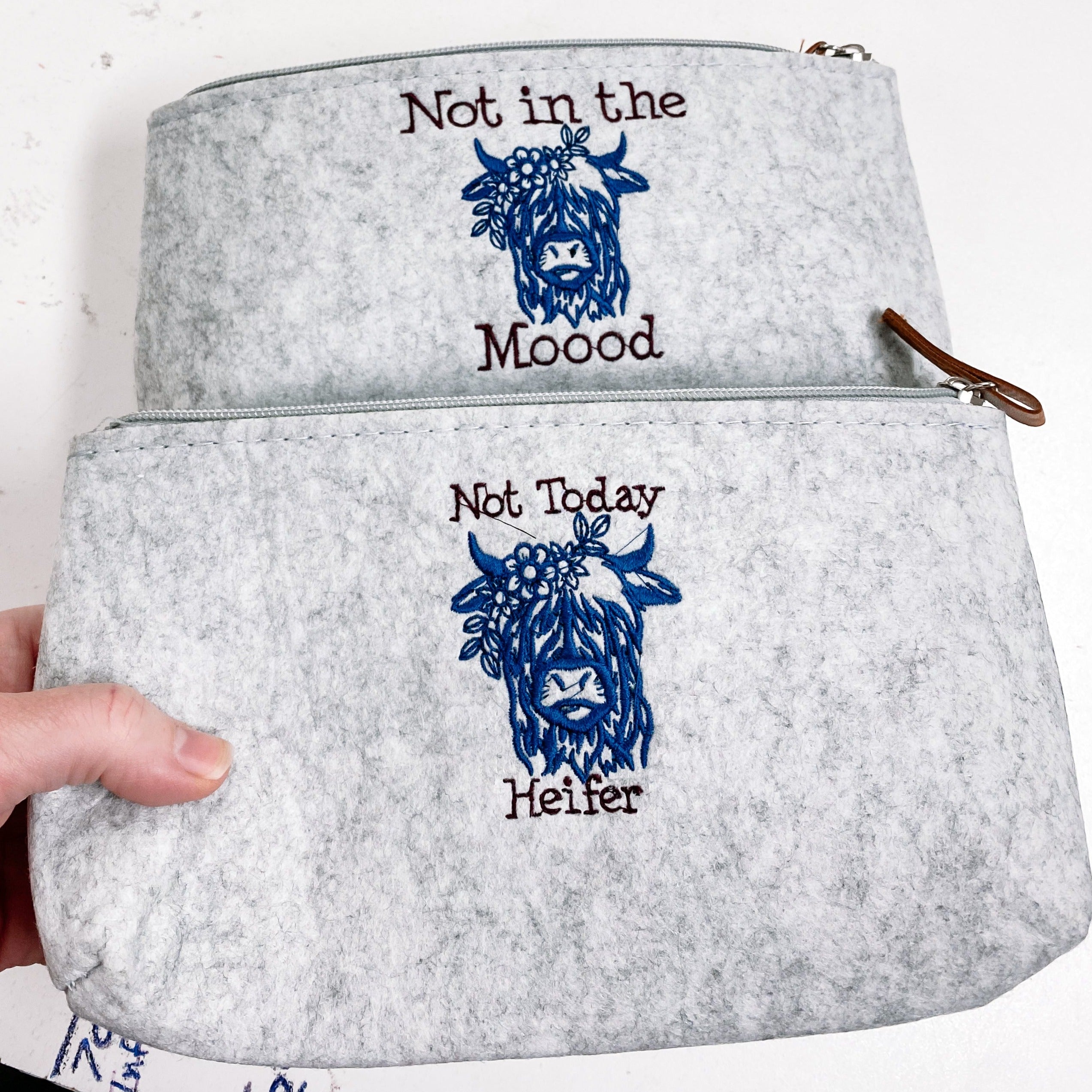 Not Today Heifer Highland Cow Embroidered Felt Zipper Pouch