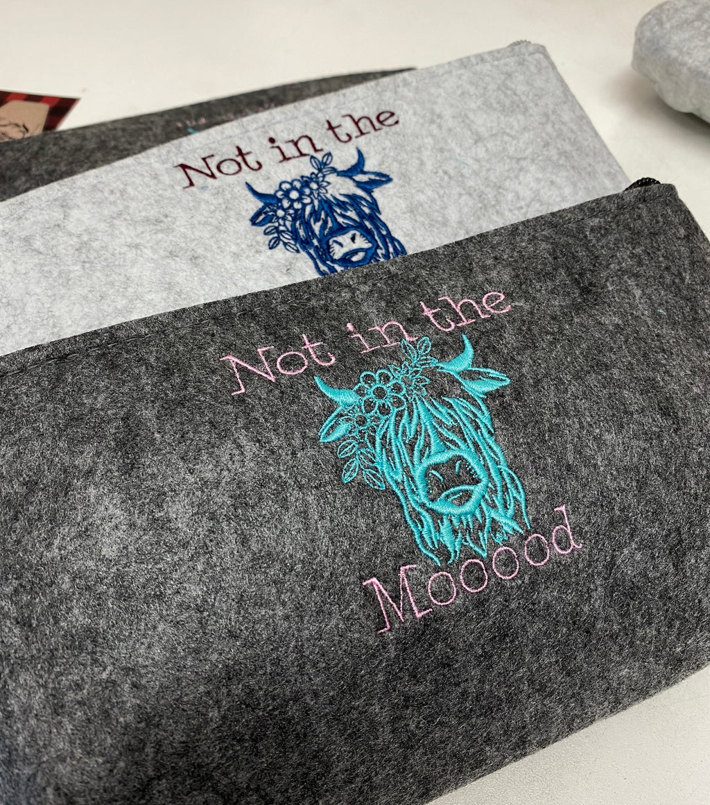 Not in the Moood Highland Cow Embroidered Felt Zipper Pouch